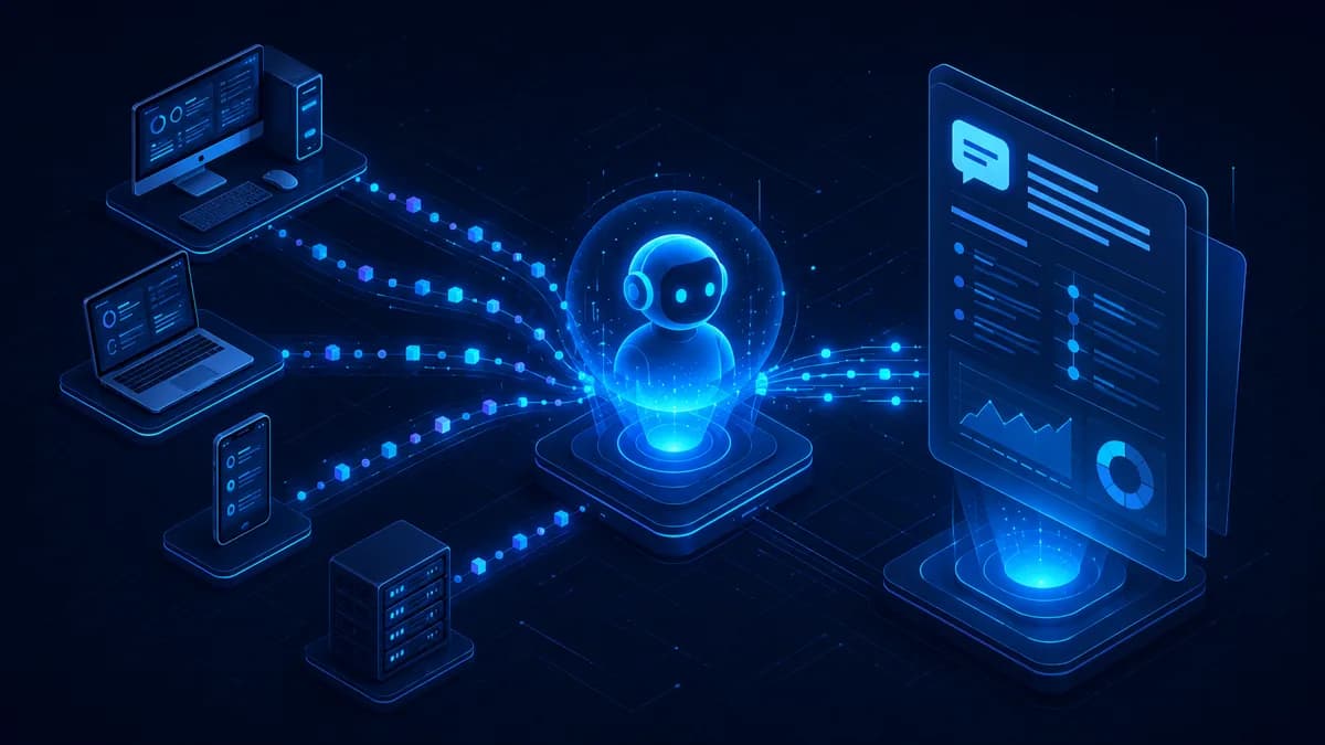 Isometric 3D illustration of an AI writing an automatic remote support session summary from a stream of device events, showing AI-powered IT support documentation on a dark technical grid with blue data nodes