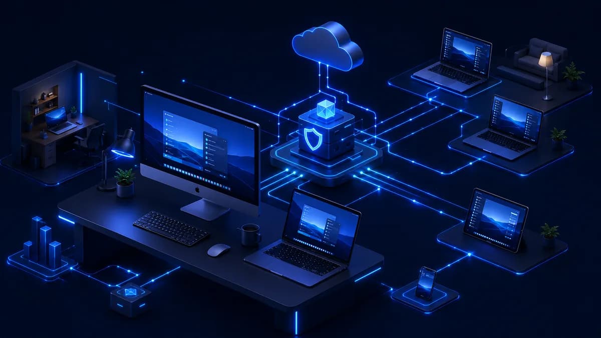 Isometric 3D illustration of Mac remote desktop software — Apple iMac and MacBook connected via blue network lines to remote access nodes on a dark technical grid, comparing the best remote desktop apps for Mac