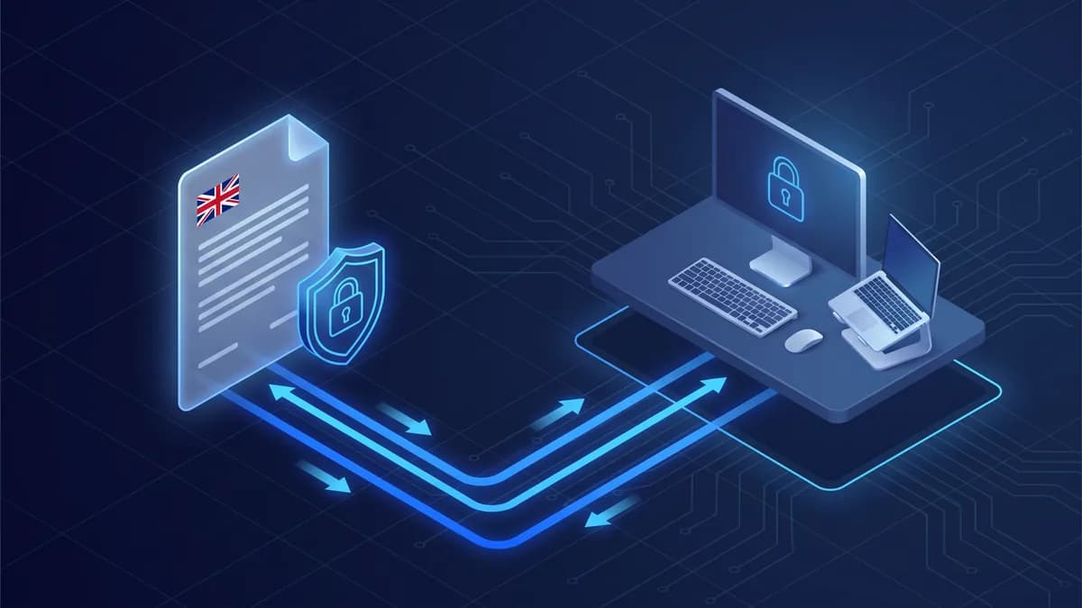 Isometric 3D illustration of a GDPR compliant remote desktop policy — a UK-themed policy document with a padlock and shield connected by blue network lines to a small remote workstation on a dark technical grid