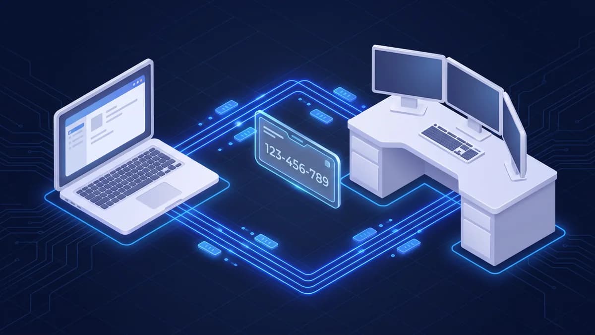 Isometric 3D illustration of a quick remote support session without a customer account — a customer laptop connected to a support agent's multi-monitor workstation via a one-time 9-digit support code, on a dark technical grid with blue connection lines
