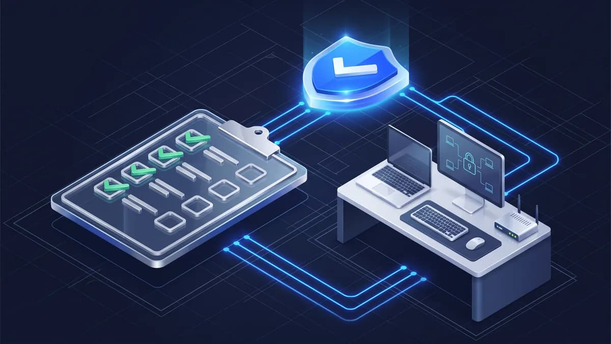 Isometric 3D illustration of a remote access security checklist for a small business — a clipboard with checked items, a small office desk with a laptop and monitor, and a blue security shield floating above on a dark technical grid