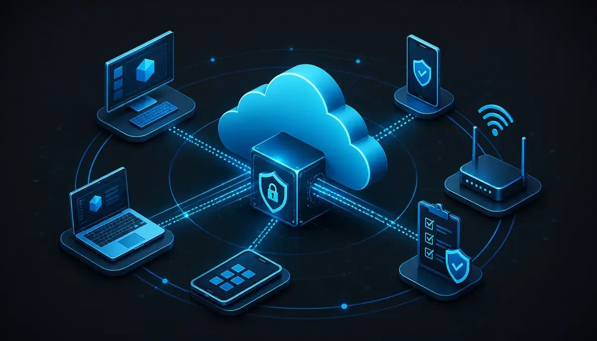 Isometric secure remote access network with cloud gateway, devices, router and checklist nodes