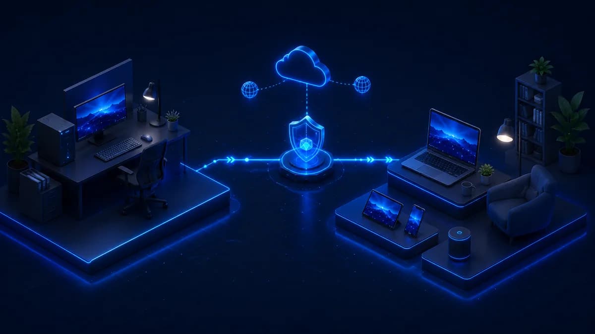 Isometric 3D illustration of remote PC access without a VPN — home office desk with dual monitors connected by direct blue network lines to a remote machine on a dark technical grid, no VPN tunnel required