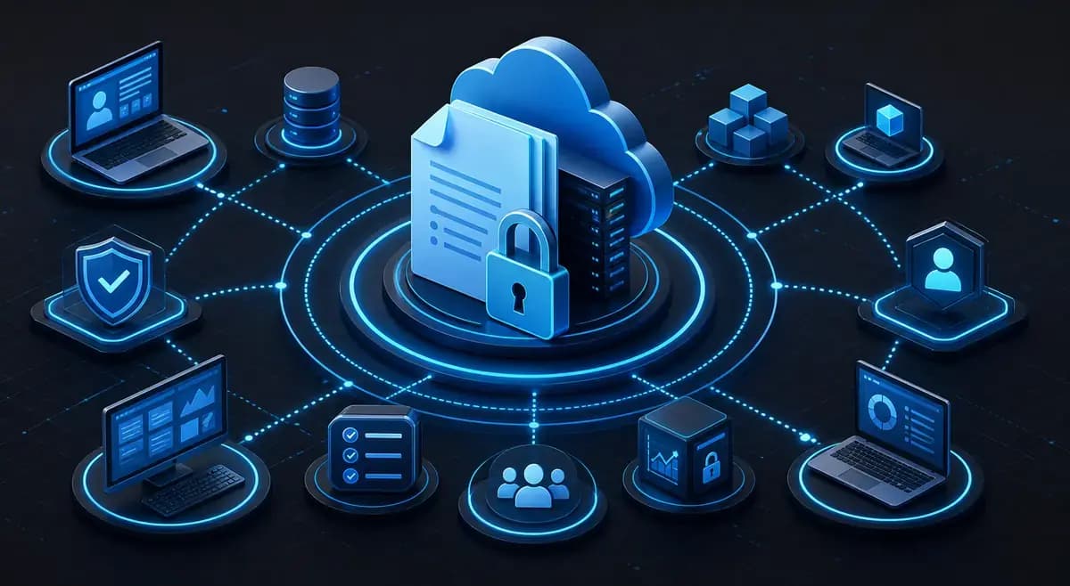 Isometric secure policy network with cloud, document, lock, user and device permission nodes