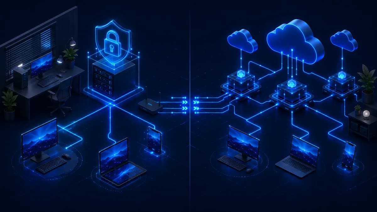 Isometric 3D illustration of self-hosted remote desktop software — server rack units with blue LED illumination connected by fibre optic cables on a dark technical grid, comparing DeskZap and RustDesk for UK teams