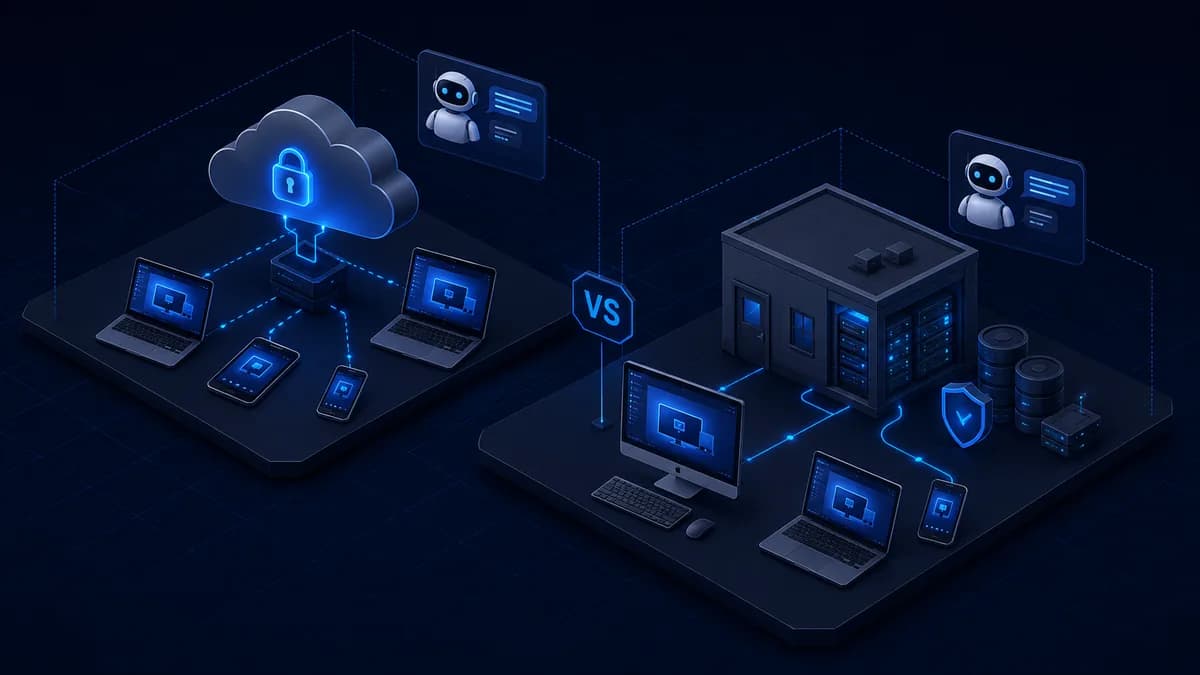 Isometric 3D illustration comparing two remote support platforms with AI assistants, one cloud-locked enterprise product and one self-hostable small-team alternative, on a dark technical grid with blue network nodes